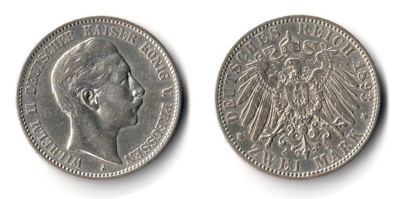  Preussen, Kaiserreich  2 Mark 1893 A  FM-Frankfurt Feingewicht: 10g Silber sehr schön   
