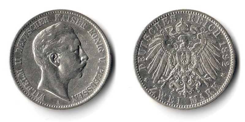  Preussen, Kaiserreich  2 Mark  1892 A  FM-Frankfurt/M Feingewicht: 10g Silber  sehr schön   