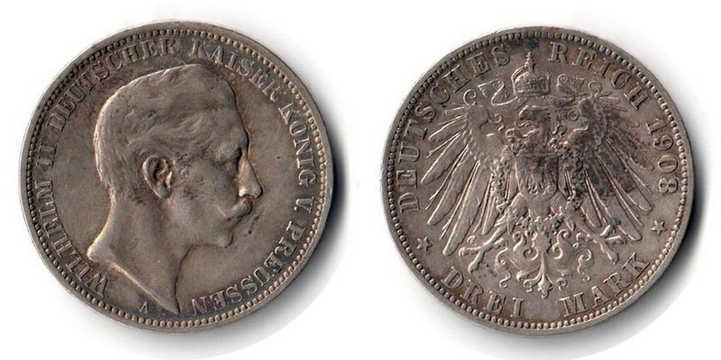  Preussen, Kaiserreich  3 Mark  1908 A  FM-Frankfurt Feingewicht: 15g Silber sehr schön   