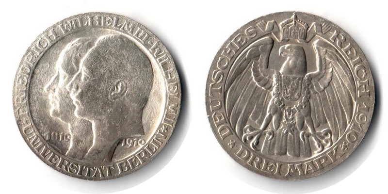  Preussen, Kaiserreich  3 Mark  1910 A  FM-Frankfurt Feingewicht: 15g Silber   sehr schön   