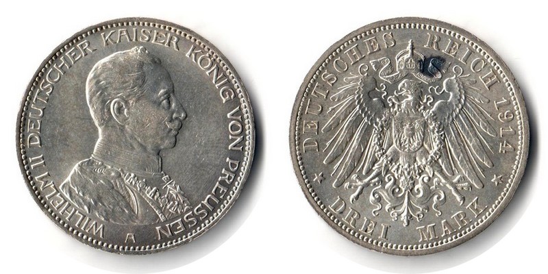  Preußen, Kaiserreich  3 Mark  1914 A  FM-Frankfurt Feingewicht: 15g Silber sehr schön   