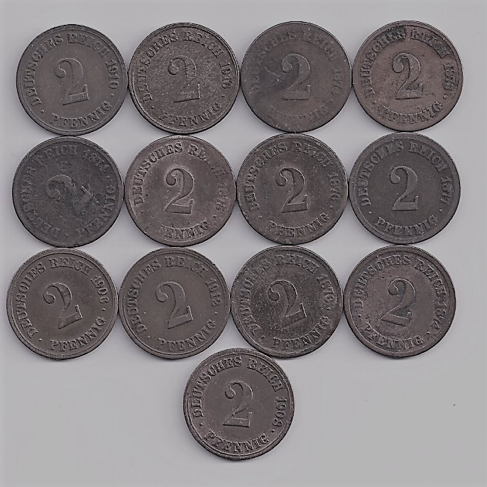 Kaiserreich, 13x2 Pfennig,alle verschiedenen Jahre s/ss-f.vz