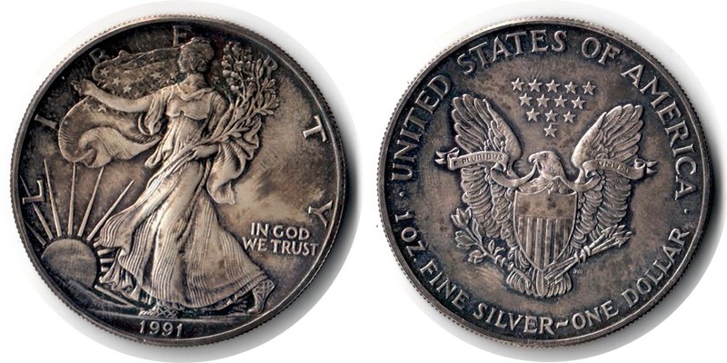  USA  1 Dollar (American Eagle) 1991 FM-Frankfurt Feingewicht: 31,1g Silber   sehr schön   