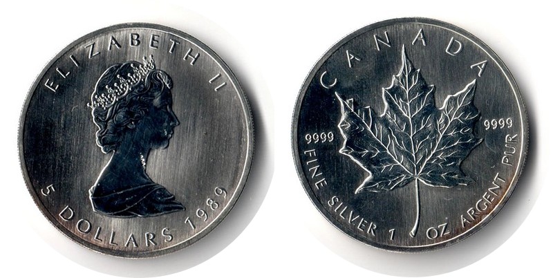  Kanada  5 Dollar (Maple Leaf) 1989 FM-Frankfurt Feingewicht: 31,1g Silber vorzüglich (Patina)   
