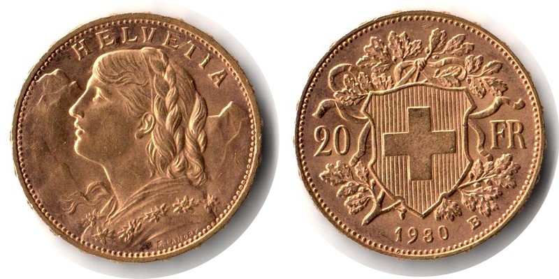 Schweiz MM-Frankfurt Feingewicht: 5,81g Gold 20sFR (Vreneli) 1930 B sehr schön
