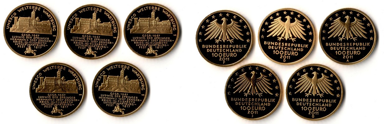 BRD MM-Frankfurt  Feingewicht: 5x 15,55g Gold 5x 100 EUR (Wartburg) 2011 ADFGJ stempelglanz