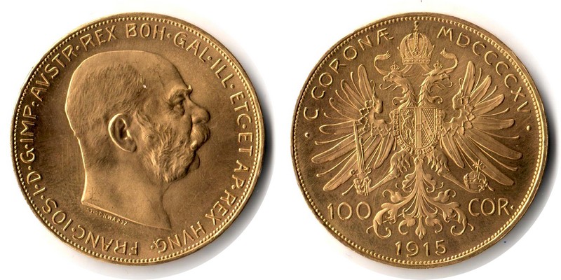 Österreich MM-Frankfurt Feingewicht: 30,49g Gold 100 Kronen 1915 vorzüglich