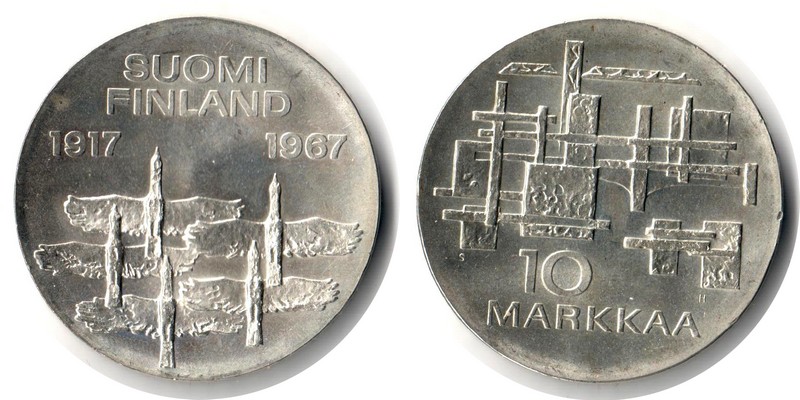  Finnland  10 Markkaa  1967  FM-Frankfurt  Feingewicht: 21,38g  Silber  vorzüglich   