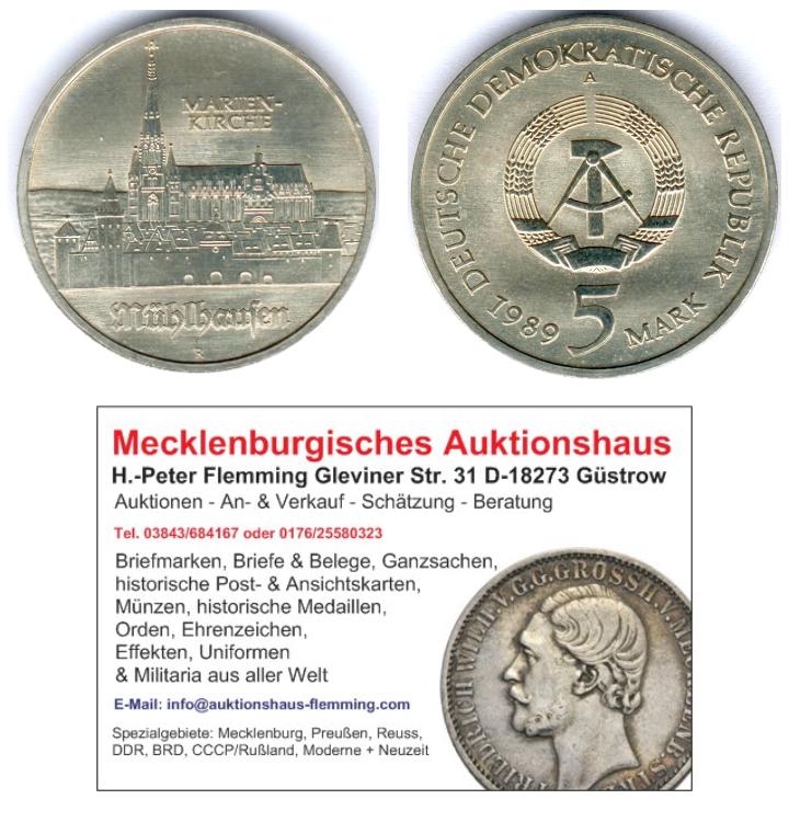 DDR 5 Mark 1989 A. Marienkirche Mühlhausen J.1627 (10950) fast vz/st