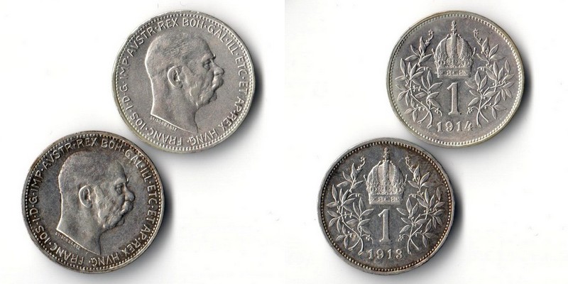  Österreich  2x 1 Krone  1913/1914  FM-Frankfurt Feingewicht: 2x 4,18g  Silber sehr schön   