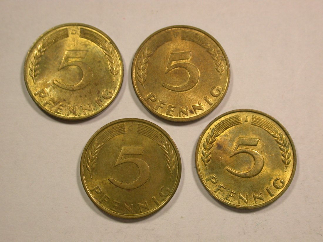 B20 BRD 5 Pfennig 1971 schöner Satz D,F,G,J besser als vz Originalbilder