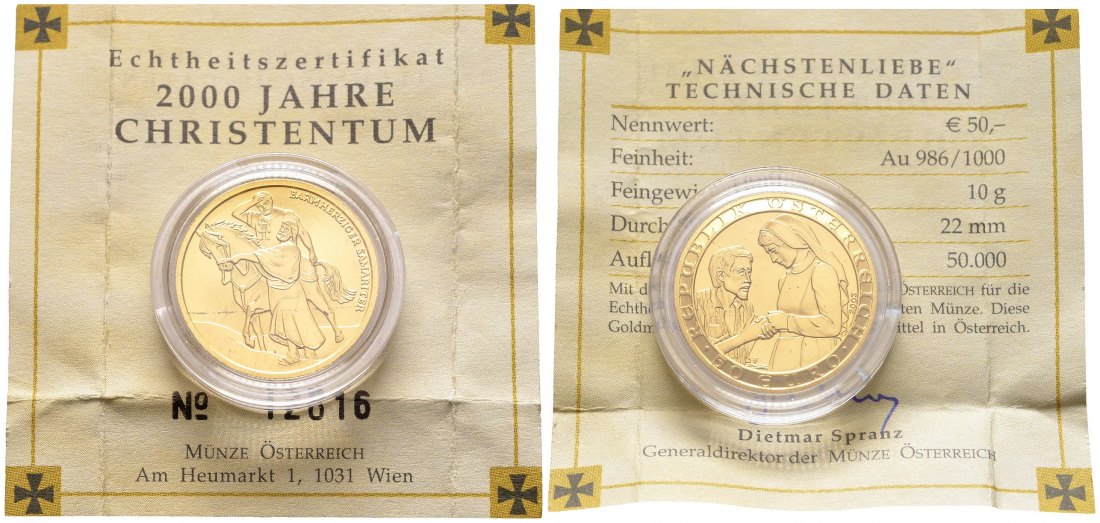 PEUS 8517 Österreich 10 g Feingold. 2000 Jahre Christentum- Nächstenliebe incl. Zertifikat 50 Euro GOLD 2003 Stempelglanz