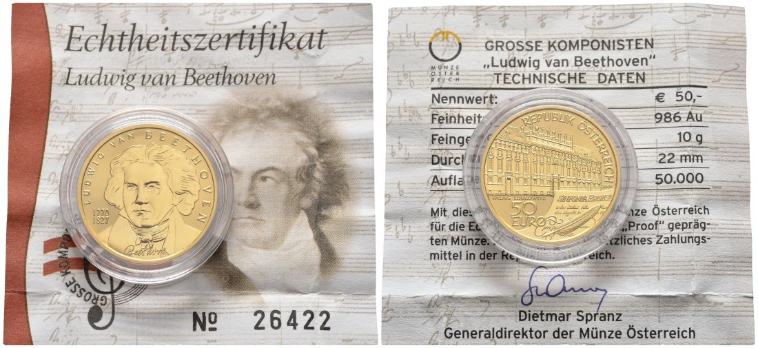 PEUS 8519 Österreich 10 g Feingold. Ludwig van Beethoven incl. Zertifikat 50 Euro GOLD 2005 Proof