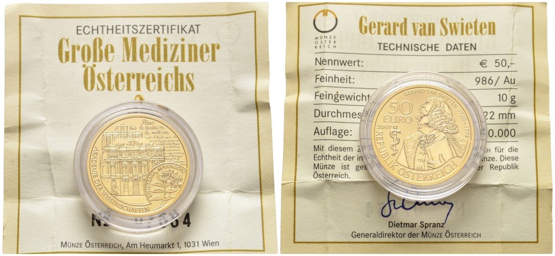 PEUS 8521 Österreich 10 g Feingold. Große Mediziner - Gerard van Swieten incl. Zertifikat 50 Euro GOLD 2007 Proof (in Kapsel)