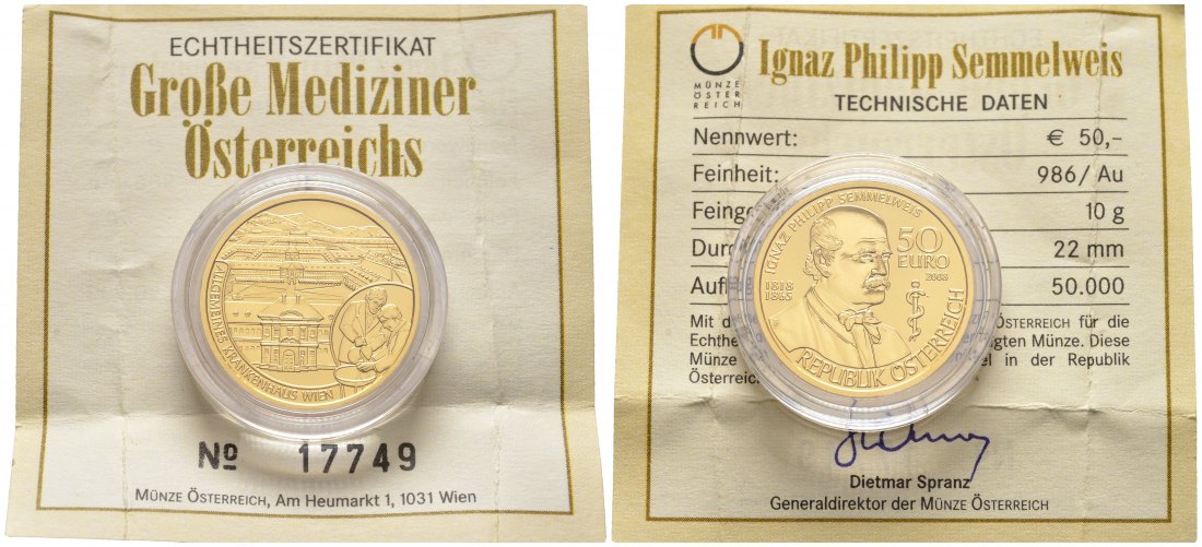 PEUS 8522 Österreich 10 g Feingold. Große Mediziner - Ignaz Philipp Semmelweis incl. Zertifikat 50 Euro GOLD 2008 Proof (in Kapsel)