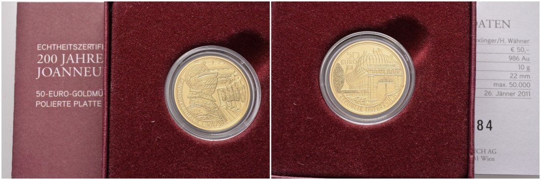 PEUS 8524 Österreich 10 g Feingold. 200 Jahre Joanneum Graz incl. Zertifikat + Verpackung 50 Euro GOLD 2011 Polierte Platte (Kapsel)