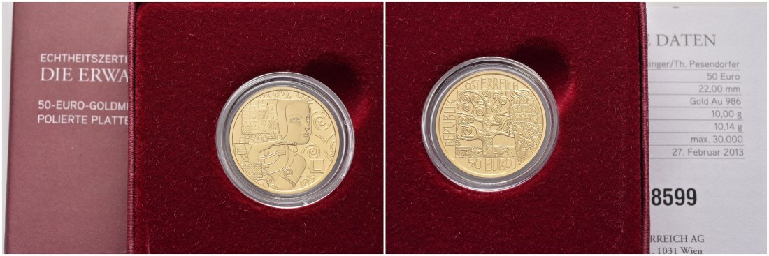 PEUS 8526 Österreich 10 g Feingold. Klimt Frauen - Erwartung incl. Zertifikat + Verpackung 50 Euro GOLD 2013 Polierte Platte (Kapsel)