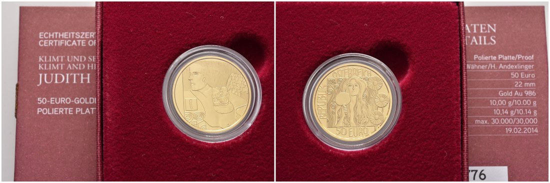 PEUS 8527 Österreich 10 g Feingold. Klimt Frauen - Judith II incl. Zertifikat + Verpackung 50 Euro GOLD 2014 Polierte Platte (Kapsel)