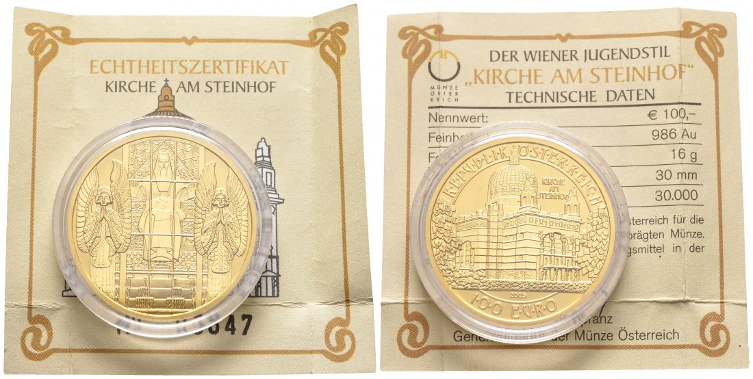PEUS 8504 Österreich 16 g Feingold. Wiener Jugenstil - Kirche am Steinhof incl. Zertifikat 100 Euro GOLD 2005 Polierte Platte (Kapsel)