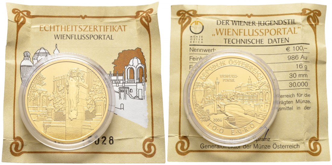 PEUS 8506 Österreich 16 g Feingold. Wiener Jugenstil - Wienflussportal incl. Zertifikat 100 Euro GOLD 2006 Polierte Platte (Kapsel)