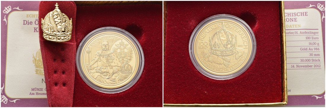 PEUS 8511 Österreich 16 g Feingold. Kronen - Kaiserkrone Anstecknadel, Zertifikat + Verpackung 100 Euro GOLD 2012 Polierte Platte (Kapsel)
