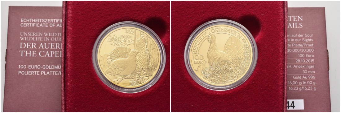PEUS 8514 Österreich 16 g Feingold. Wildtiere - Auerhahn incl. Zertifikat + Verpackung 100 Euro GOLD 2015 Polierte Platte (Kapsel)
