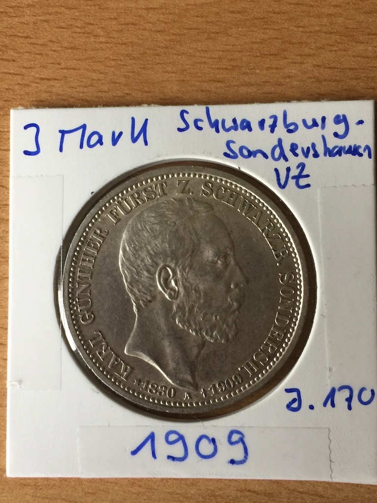 3 Mark Schwarzburg-Sondershausen 1909 J. 170 (70.000 Exemplare)