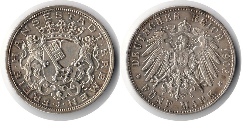  Bremen, Kaiserreich  5 Mark  1906   FM-Frankfurt Feingewicht: 25g Silber vorzüglich/ss   