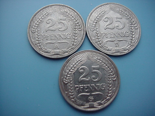 Kaiserreich 3 x 25 Pfennig 1910 A/1911 G/1912 D
