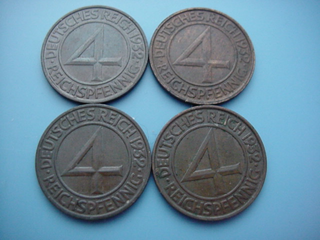 Weimarer Republik 4 x 4 Reichspfennig 1932 A/D/F/G