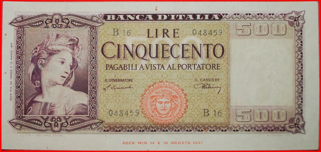  √ UNCOMMON TYPE: ITALY ★ 500 LIRE 1947 CRISP!   