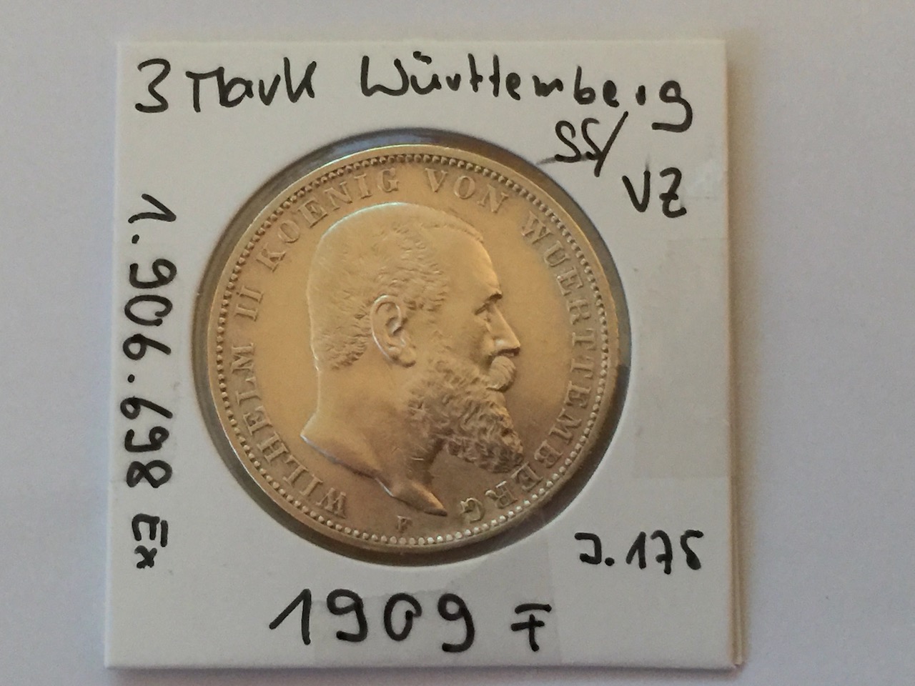3 Mark Württemberg 1909 F (J.175)