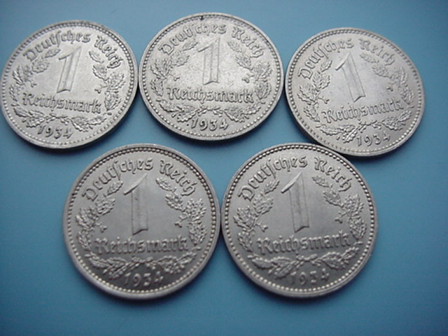 Drittes Reich 5 x 1 Reichsmark 1934 A/D/F/G/J