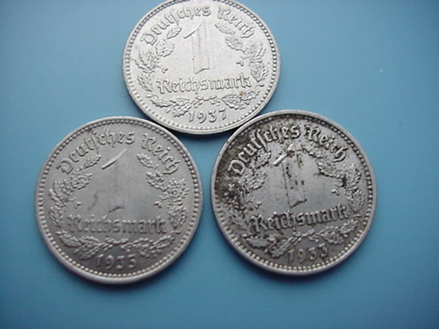 Drittes Reich 3 x 1 Reichsmark 1933 G/1935 A/1937 A