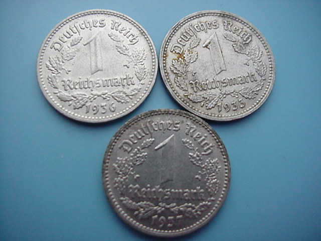 Drittes Reich 3 x 1 Reichsmark 1933 D/1936 D/1937 D