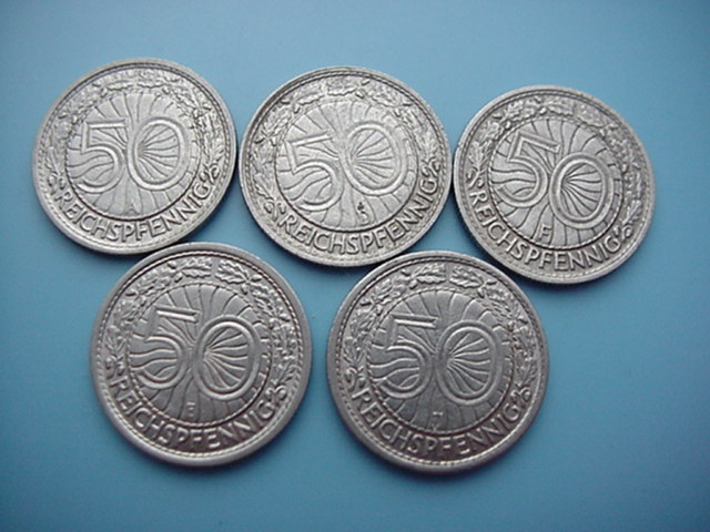 Weimarer Republik 5 x 50 Reichspfennig 1928 A/D/E/F/J