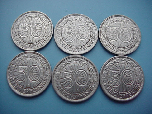 Weimarer Republik 6 x 50 Reichspfennig 1929-1937
