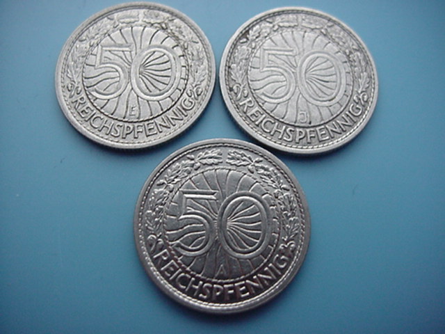 Weimarer Republik 3 x 50 Reichspfennig 1927 A/E/J