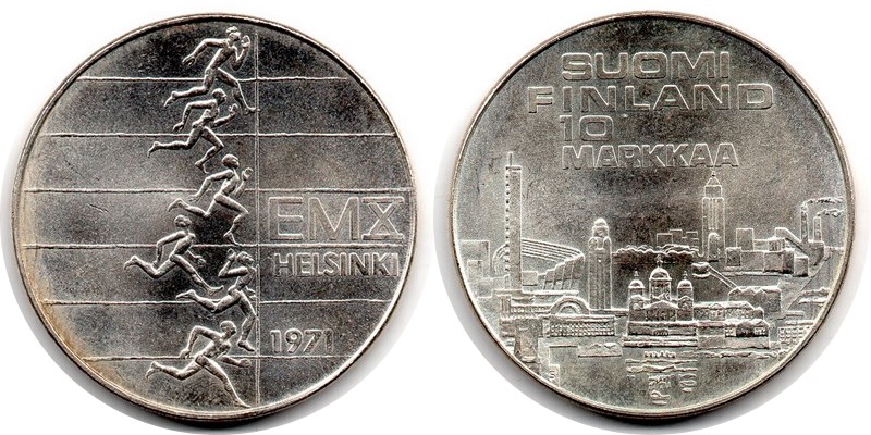 Finnland  10 Markkaa  1971  FM-Frankfurt  Feingewicht: 12,1g  Silber  vorzüglich   