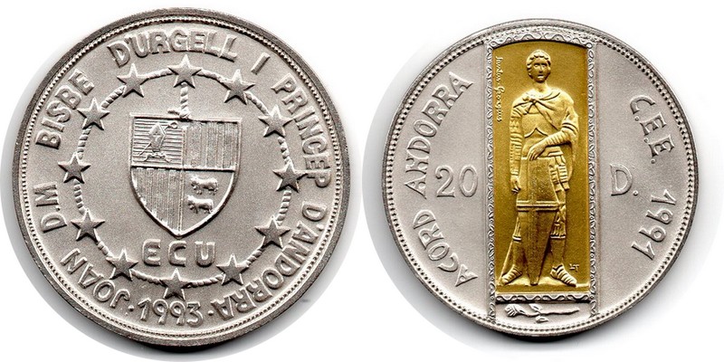  Andorra  20 Dinar  1991   FM-Frankfurt  Feingewicht: 24,51g Silber / 1,38g Gold stempelglanz   