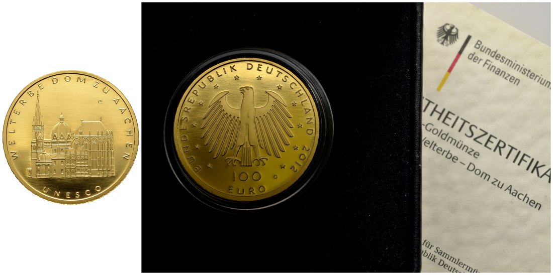 PEUS 8541 BRD 15,55 g Feingold. Dom zu Aachen mit Etui + Zertifikat 100 Euro GOLD 1/2 Unze 2012 G Karlsruhe Stempelglanz