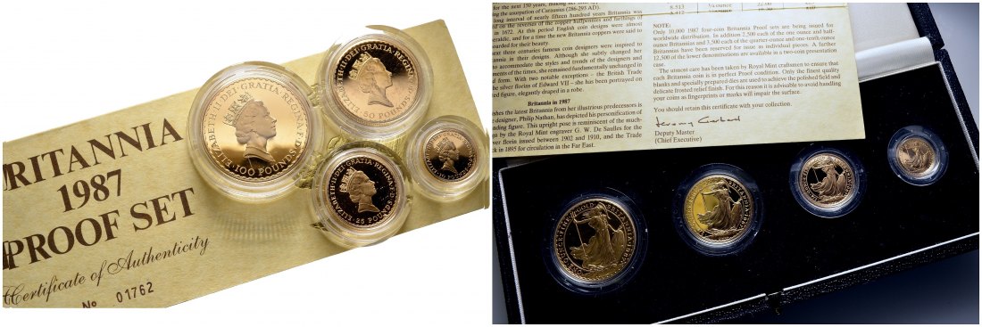 PEUS 8543 Großbritannien Insgesamt 57,54 g Feingold. Incl. Etui + Zertifikat Britannia Proof Set GOLD (4 Münzen) 1987 Proof (in Kapsel)