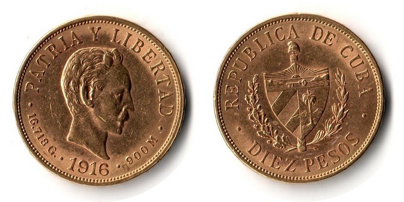 Kuba MM-Frankfurt  Feingewicht: 15,05g Gold 10 Pesos 1916 sehr schön