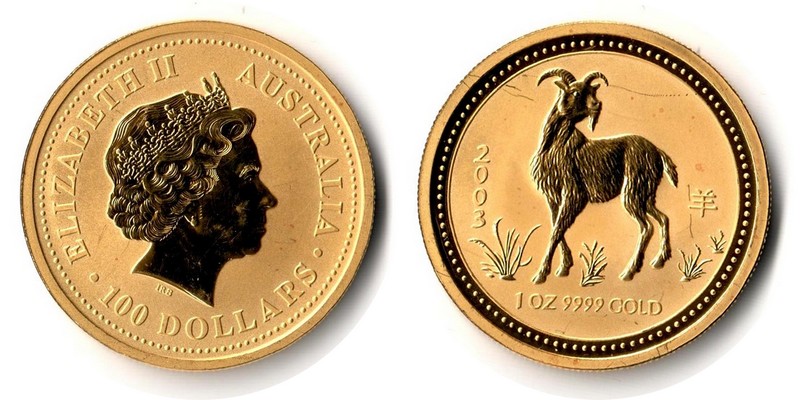 Australien MM-Frankfurt Feingewicht: 31,1g Gold 100 Dollar (Ziege) 2003 vz/stempelglanz (kl. Kratzer)