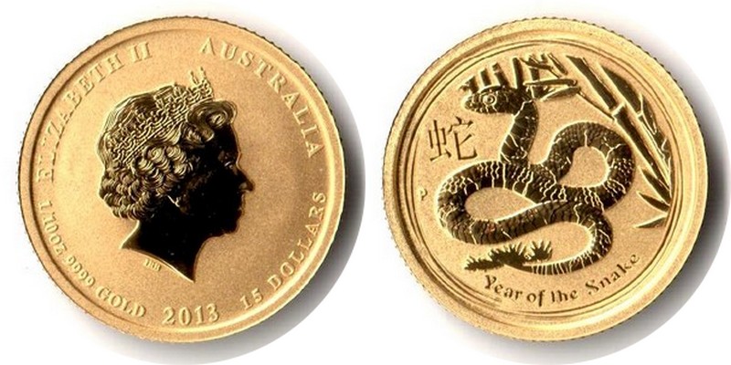 Australien MM-Frankfurt Feingewicht: 3,11g Gold 15 Dollar (Schlange) 2013 stempelglanz