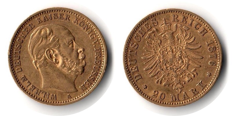 Preussen, Königreich MM-Frankfurt Feingewicht: 7,17g Gold 20 Mark 1876 A sehr schön