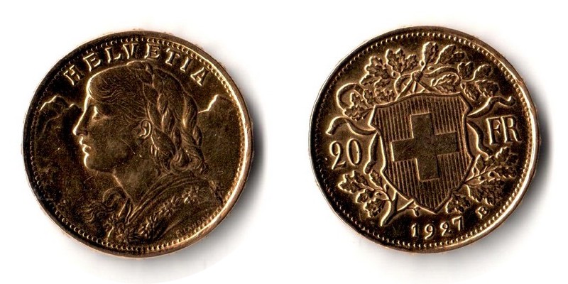 Schweiz MM-Frankfurt Feingewicht: 5,81g Gold 20sFR (Vreneli) 1927 B sehr schön