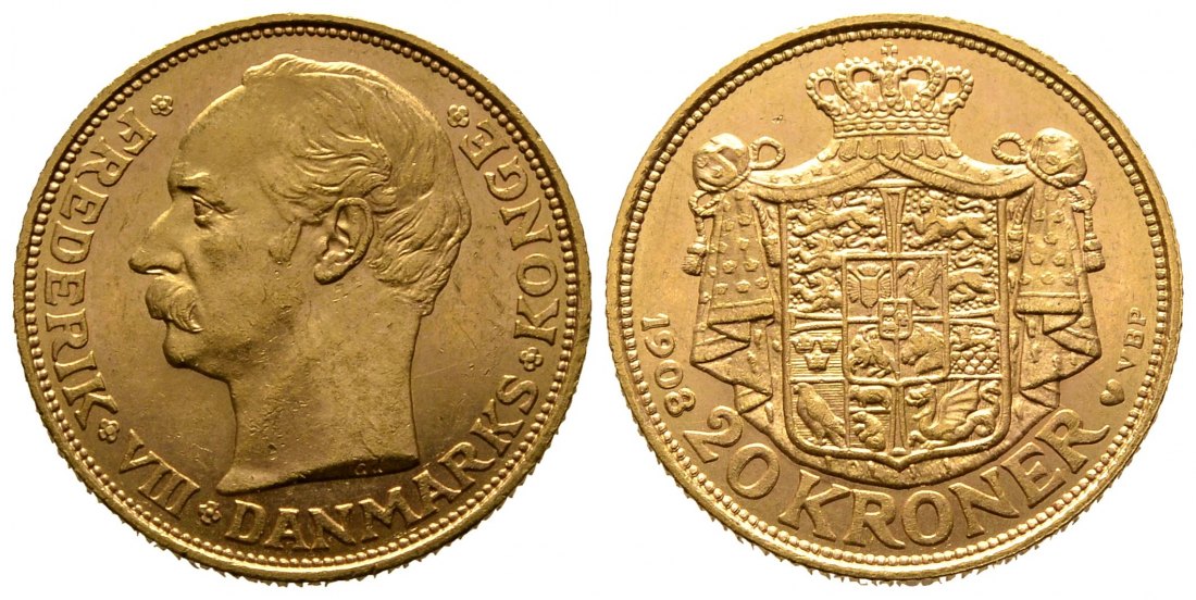 PEUS 8544 Dänemark 8,06 g Feingold. Friedrich VIII. (1906 - 1912) 20 Kronen GOLD 1908 VBP Kl. Kratzer, vorzüglich