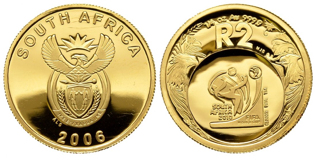 PEUS 8549 Südafrika 7,78 g Feingold. FIFA WM 2010 - Staatswappen 2 Rand GOLD 1/4 Unze 2006 Proof (Kapsel)