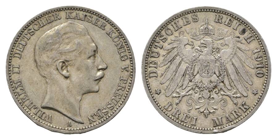  Preußen, 3 Mark 1910; Rand bearbeitet   